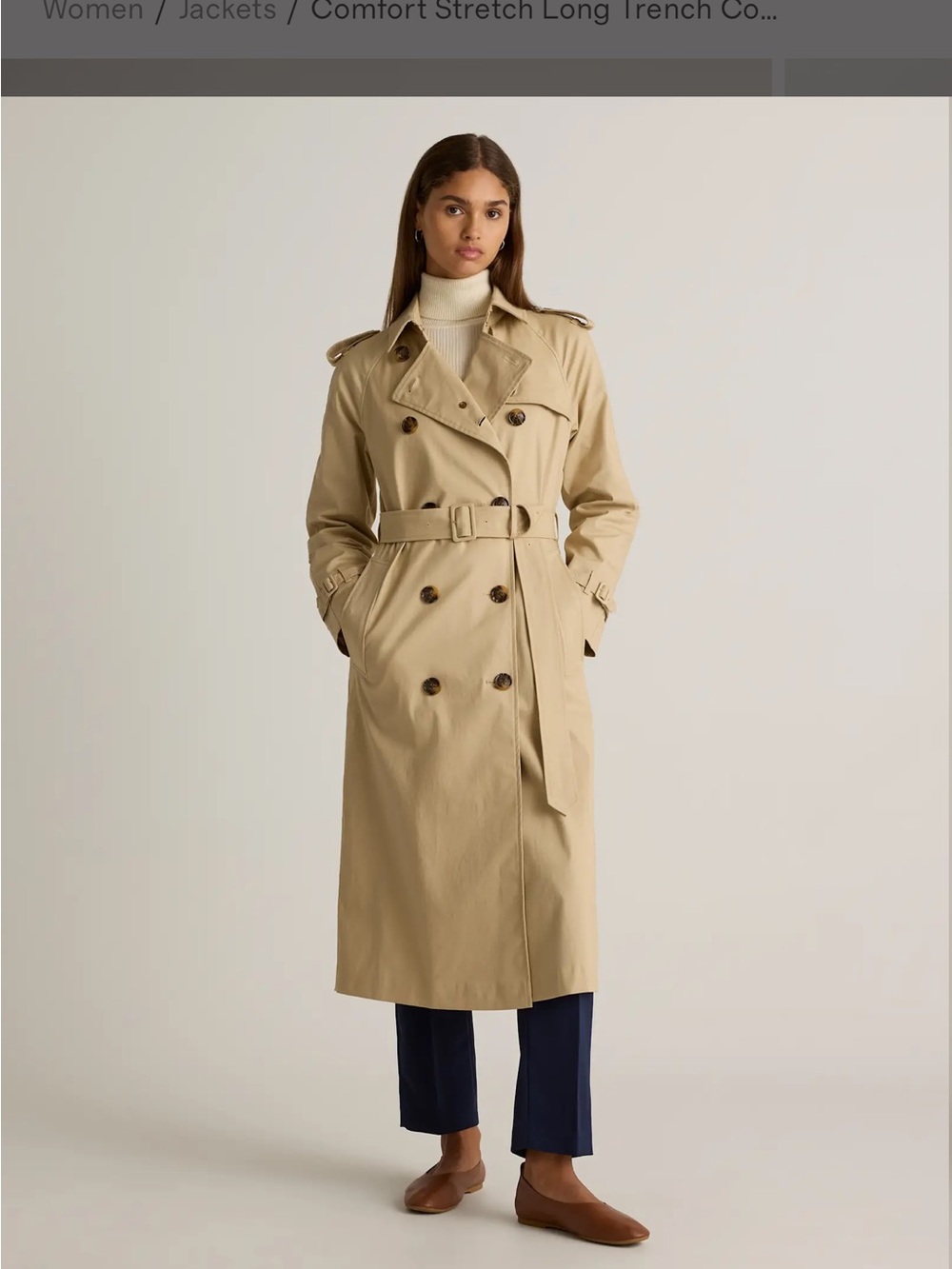 Quince Beige Double-Breasted Trench Coat with Belt - Picture 3 of 8